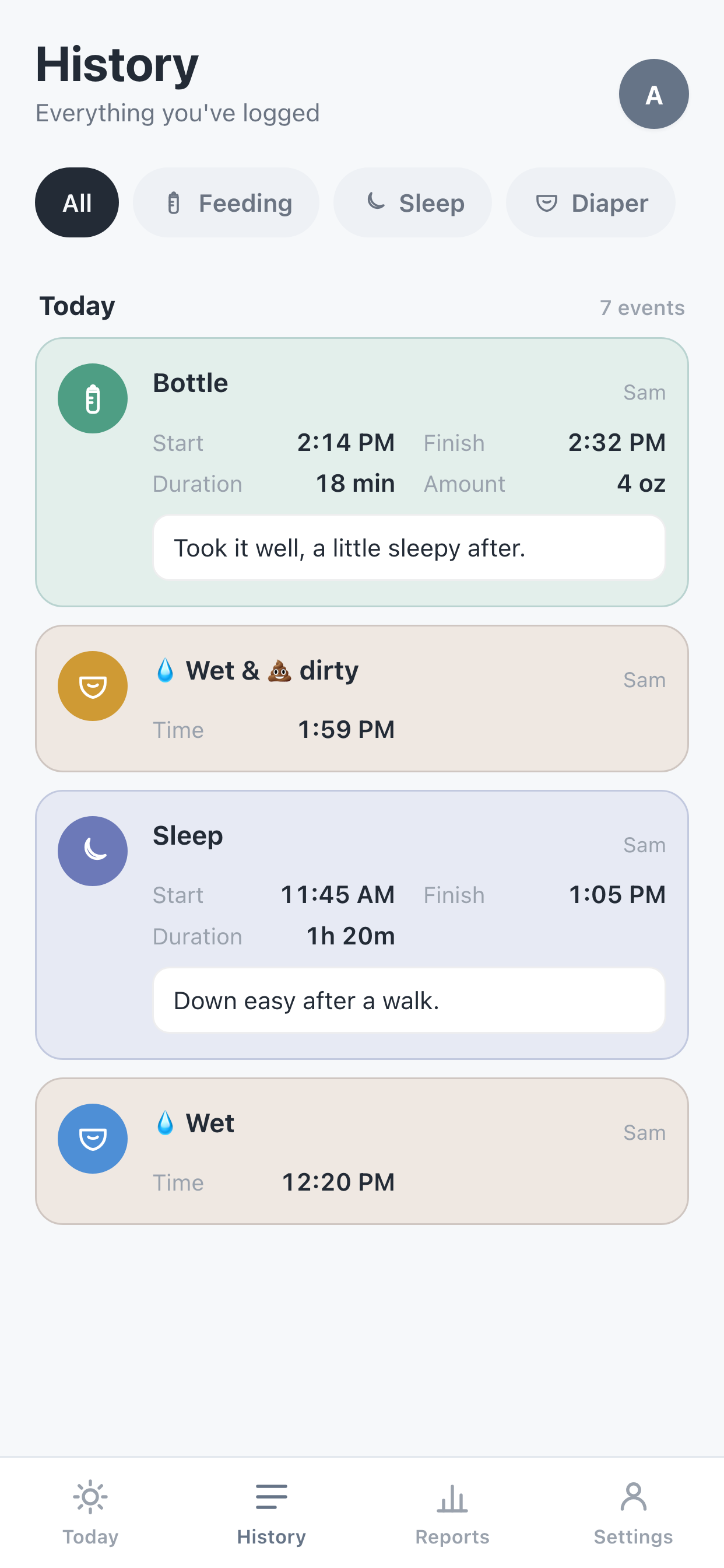 The History screen: a clean timeline of feeds, sleep, and diaper changes you can filter by type.
