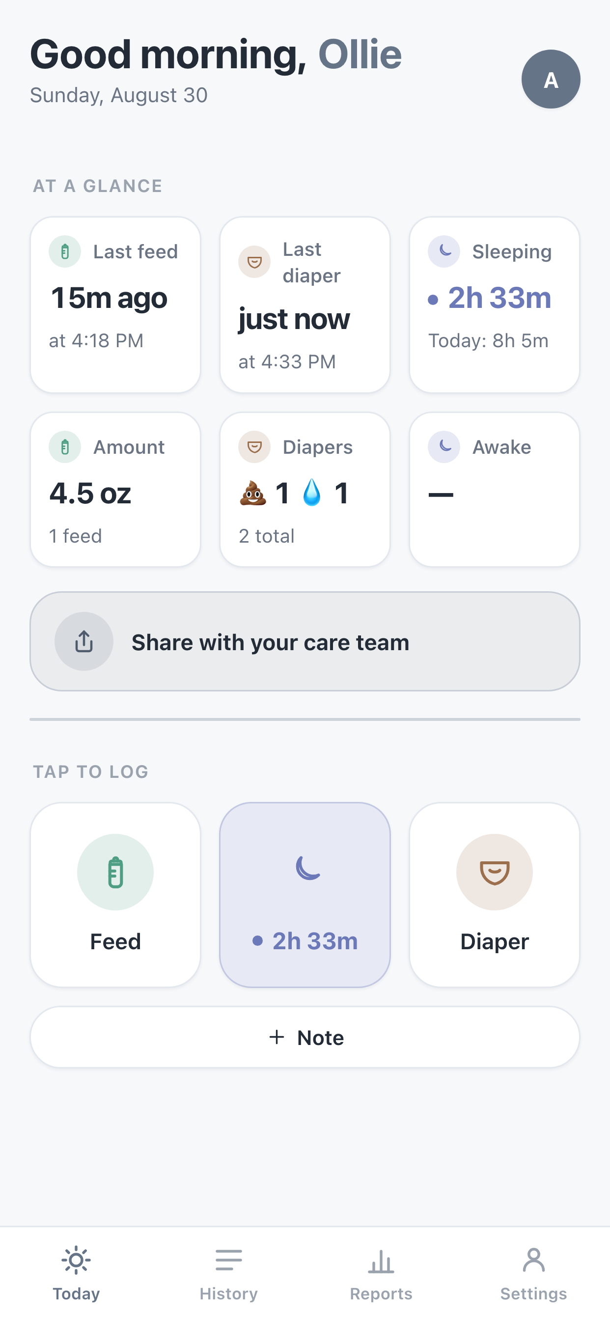 The Today screen: quick Feed, Sleep, and Diaper buttons with daily totals at a glance.
